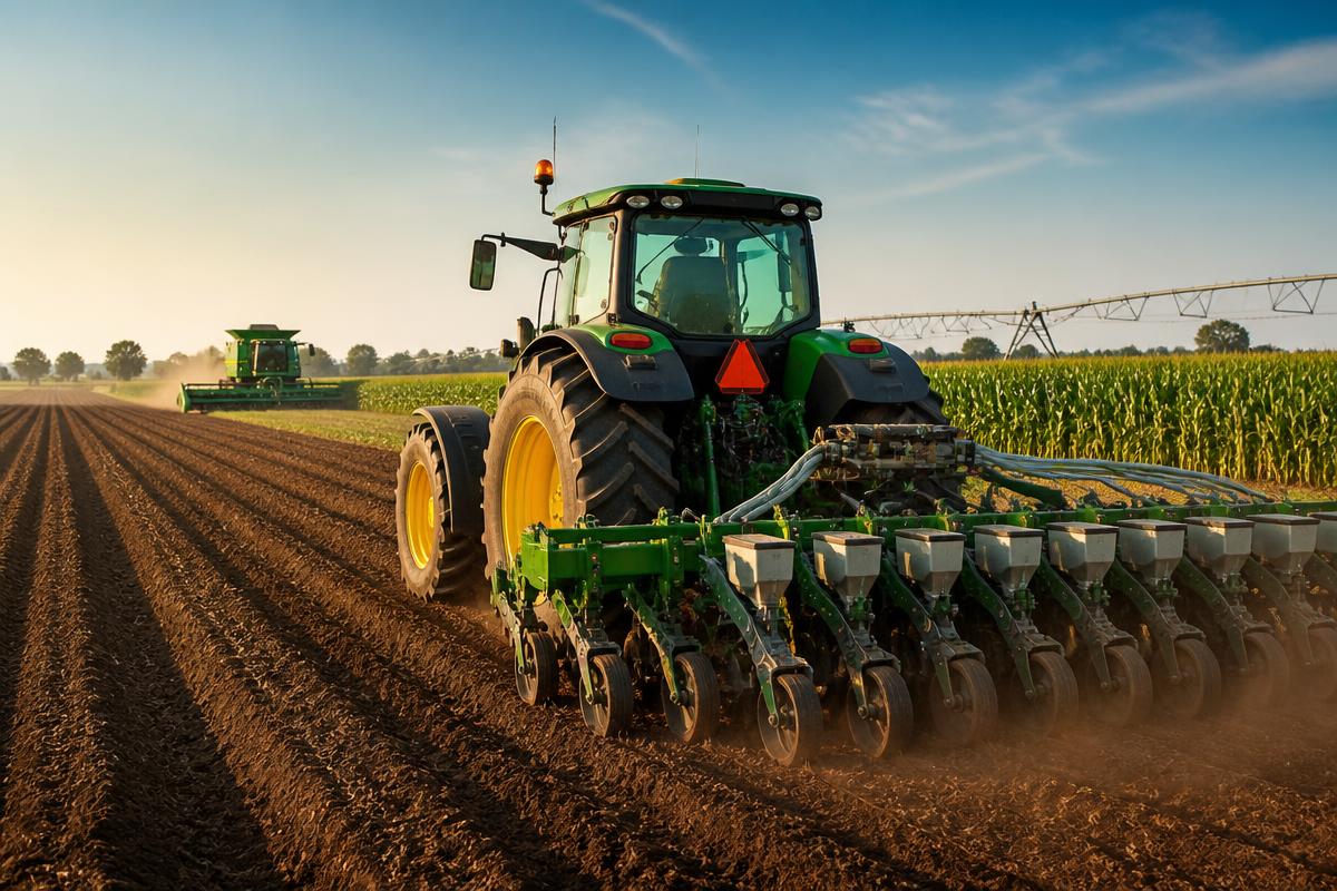 Modern mechanized tractor cultivating fertile farmland with precision planting equipment