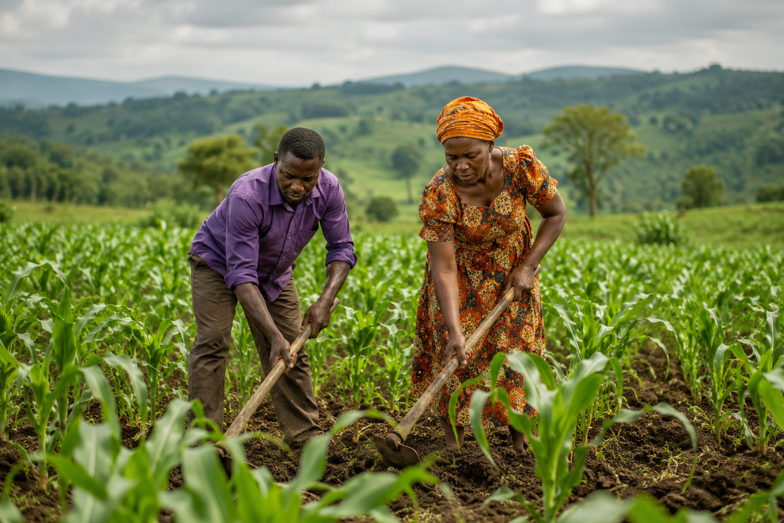 Two Nigerian farmers tending young crops in a lush green field