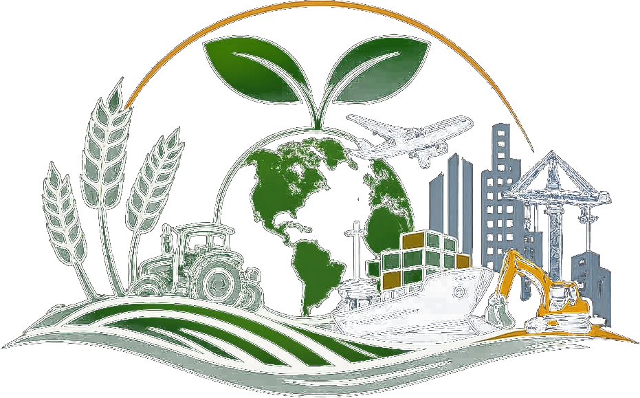 JAMEK A. Ventures logo: a green sprout above a globe framed by wheat stalks, a cargo ship, tractor, excavator, aircraft and city skyline