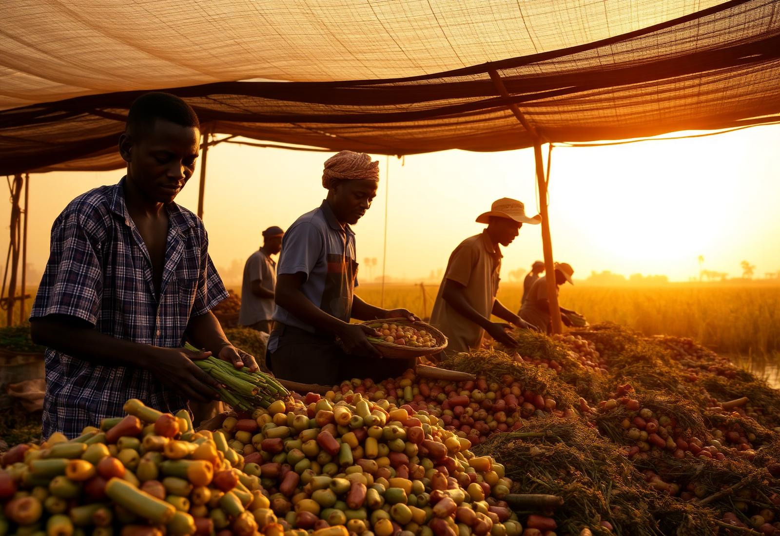 Farmers sorting produce at sunset